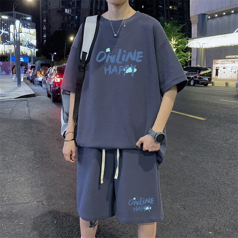 ！2023夏季新款男士华夫格短袖T恤套装潮流一套HTZ02P50,男装T恤,电商B220
