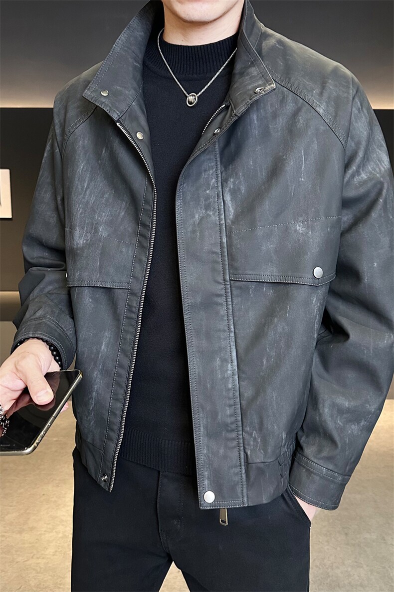 秋立领新款PU皮衣夹克男春秋美式复古宽松美拉德机车服P8888-P165,男装皮衣,电商A237