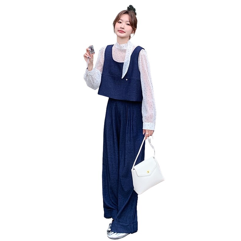 深蓝色休闲时尚套装女2025春季新款气质波点衬衫马甲阔腿裤三件套,女装套装/套裙,2C177