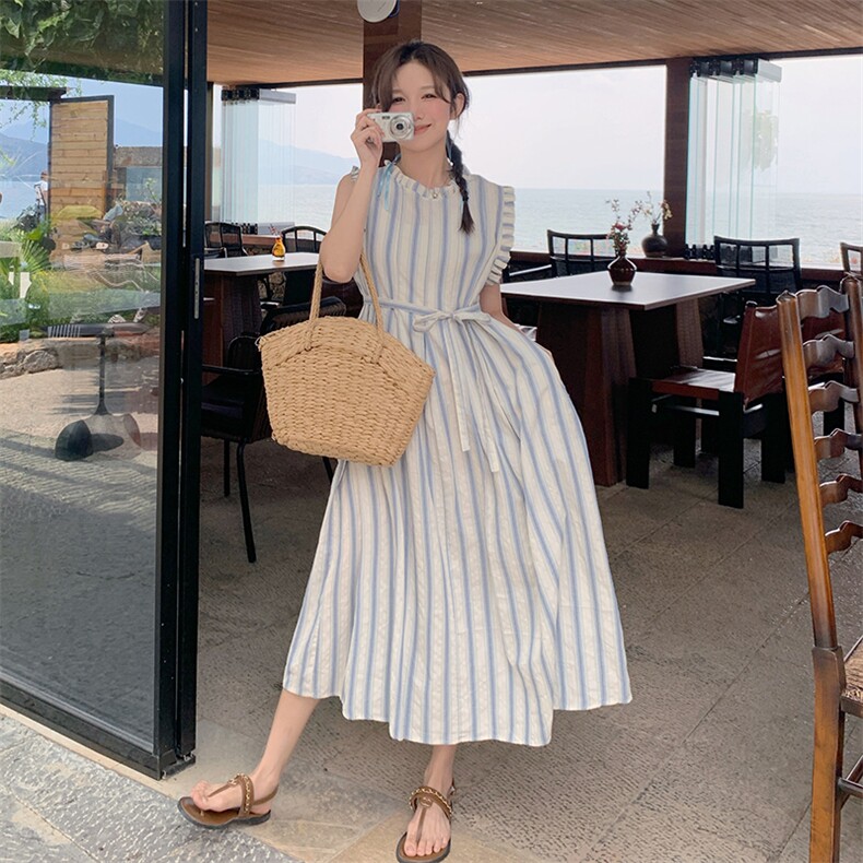 法式小清新条纹度假背心连衣裙女装新款夏季小个子宽松减龄长裙子,女装连衣裙,C位