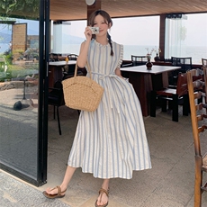 法式小清新条纹度假背心连衣裙女装新款夏季小个子宽松减龄长裙子，女装连衣裙，C位