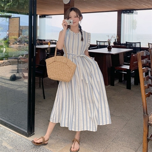 法式小清新条纹度假背心连衣裙女装新款夏季小个子宽松减龄长裙子图片