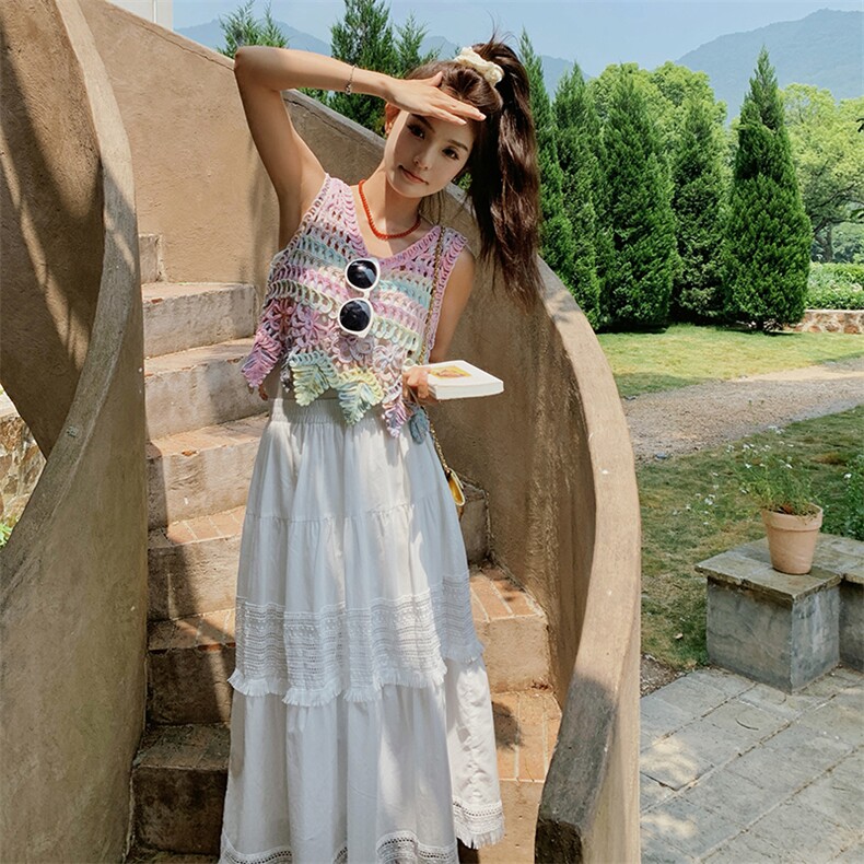 现货主推彩色钩花背心+吊带抹胸+半裙三件套9855-P135-K188,女装套装/套裙,2C129
