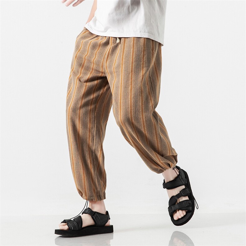 夏季大码港风日系中性风裤脚抽绳直筒阔腿休闲条纹裤子K69/P65,男装休闲裤,电商A221A