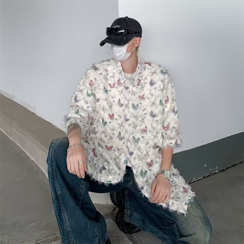 夏季立体流苏蝴蝶半袖衬衫男女痞帅宽松设计衬衣1001-1-CS56-P45图片