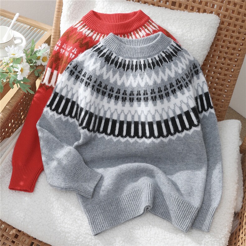 优质儿童费尔岛羊毛针织衫男女童加厚提花套头打底拼色毛衣，童装儿童羊毛衫，初丹羊绒童装