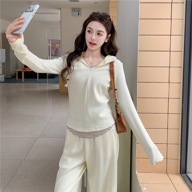 【新品】条纹拼接假两件上衣阔腿裤两件套,女装套装/套裙,2B076