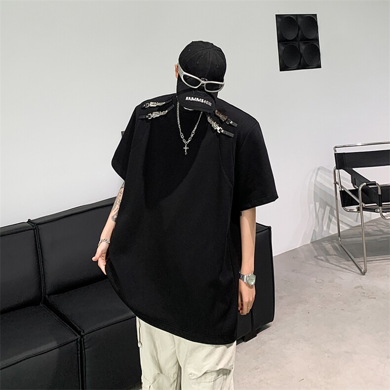 潮流金属扣拼接结构设计感圆领短袖纯色宽松T恤男T310-P45控68,男装T恤,星座310A-3