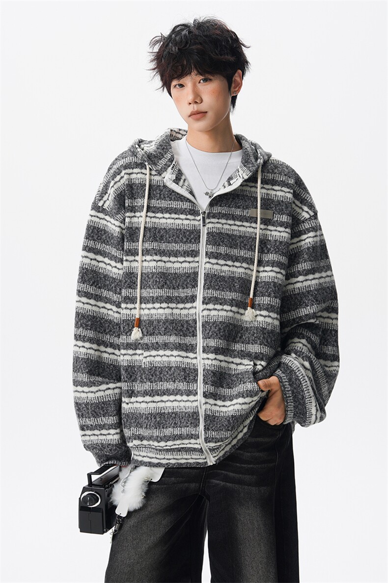 8XL-M潮情侣美式磨毛编织条纹针织衫卫衣宽松拉链外套WY30P88,男装针织衫/毛衣,电商D206-1
