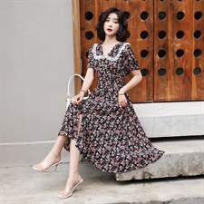 2021夏季新款简约时尚优雅气质蕾丝拼接娃娃领修身显瘦连衣裙，女装连衣裙，岚衣(原川流布茜）