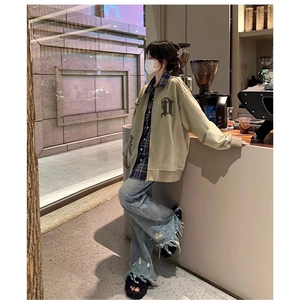 美式复古街头麂皮绒贴布刺绣夹克上衣男女春秋小众外套HH8027 P65图片