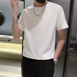 新款休闲宽松刺绣字母冰丝短袖T恤男潮流百搭纯棉半袖衫t G32图片