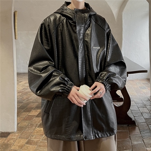 港风连帽鳄鱼纹PU皮衣大码情侣休闲冲锋衣夹克男JK8744P90控128图片