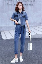 现货，新款韩版撞色宽松休闲牛仔裤两件套工装风休闲减龄显瘦潮女，女装套装/套裙，E百度
