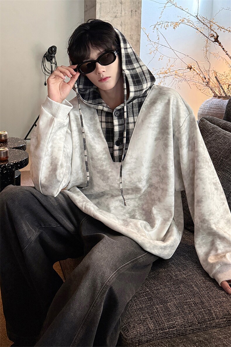 WY10150-特批50控98新款小众撞色拼接格子假两件大帽子卫衣,男装卫衣,电商A059