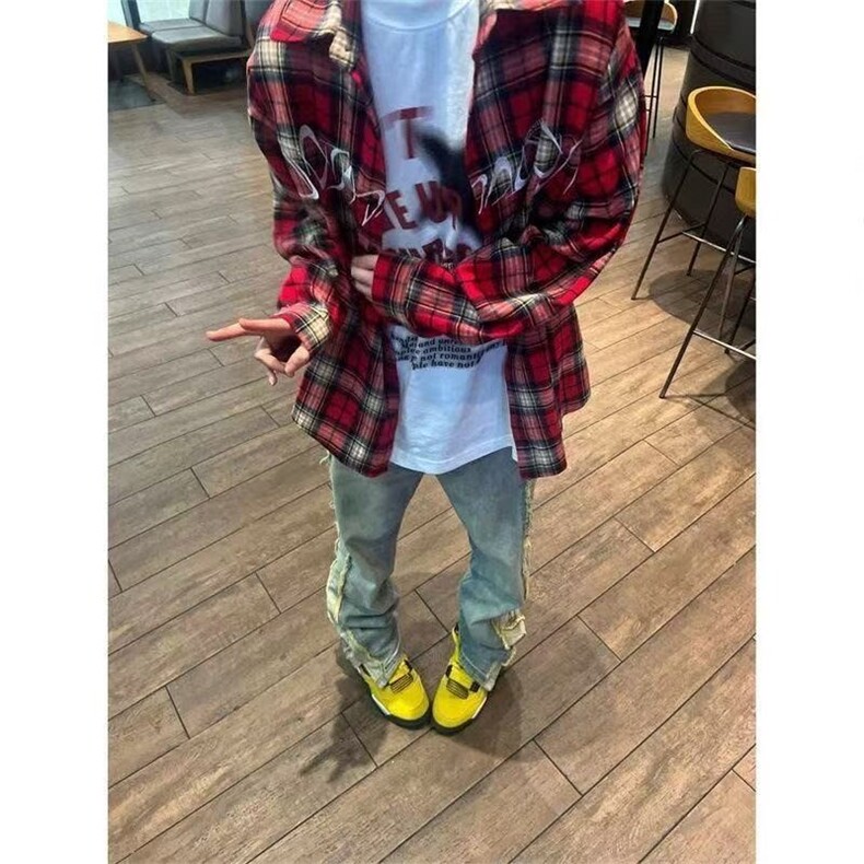 复古红色格子刺绣衬衫男女潮牌长袖高街情侣款衬衣外套WLC066-P34,男装衬衫,星座1008