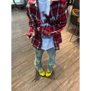 复古红色格子刺绣衬衫男女潮牌长袖高街情侣款衬衣外套WLC066-P34图片
