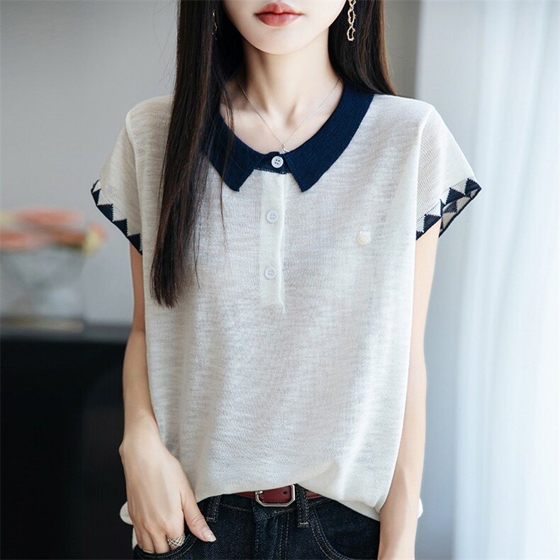 竹节麻翻领短袖针织衫女t恤夏季新款简约时尚洋气减龄Polo衫上衣,针织衫/毛衣,菲奥羊绒
