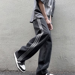 美式复古牛仔裤男2023秋季潮牌痞帅vintage条纹直筒阔腿裤子-N390图片