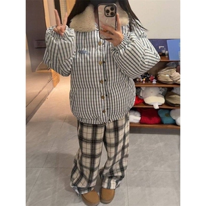 韩版复古条纹翻领棉服外套女学生冬季美式加厚简约保暖面包服棉衣图片