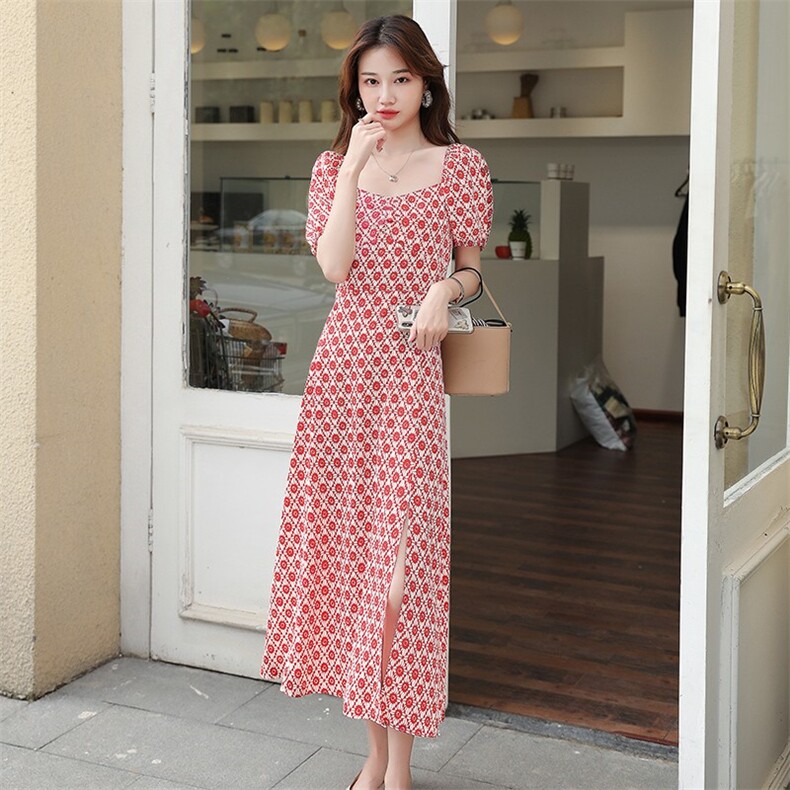 连衣裙女夏2021新款收腰气质女装夏季微胖显瘦女神范方领长款裙子图片