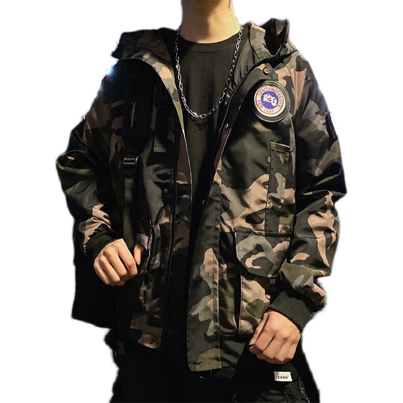 休闲男士秋季青少年日系迷彩宽松工装夹克潮流连帽外套J,男装棉衣,电商B226-2（原B217-2）