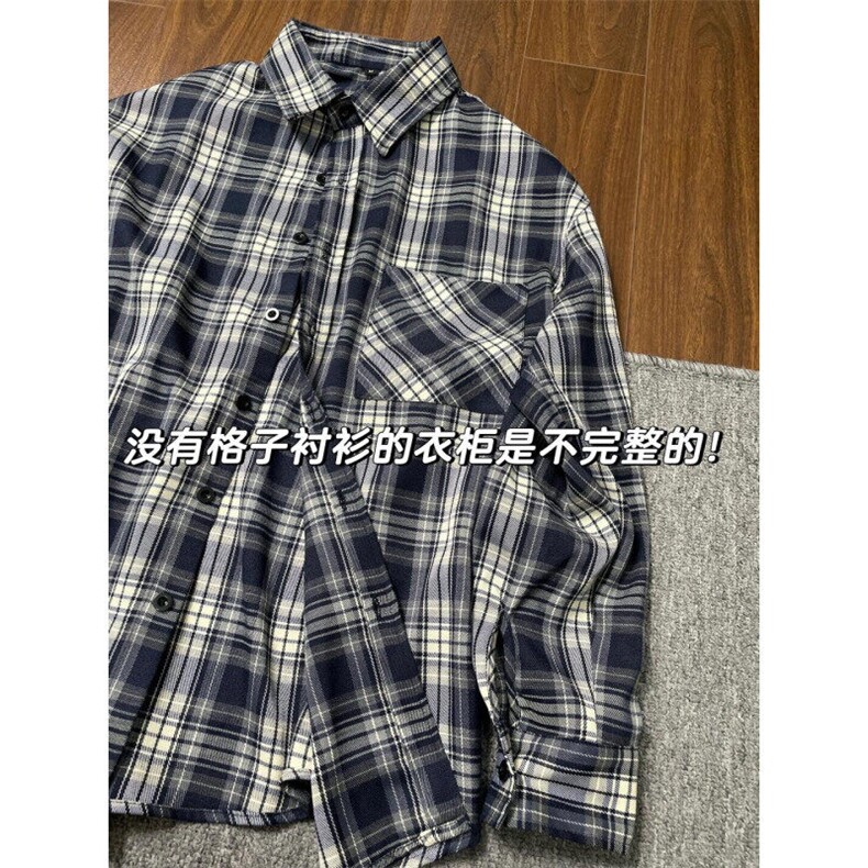 V3211HH-P38美式复古cleanfit藏青色格子衬衫男美式衬衣外套春季,男装衬衫,星座1007（原301D）