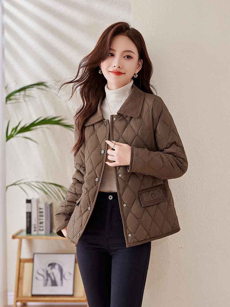 时尚小翻领菱格夹棉外套女2024冬新款短款轻薄羽绒棉服保暖小棉袄,女装棉衣/棉服,姿衣坊