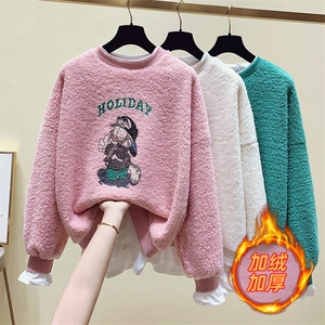 3208秋冬卡通印花假两件宽松套头羊羔毛复合加绒卫衣女加厚外套潮图片