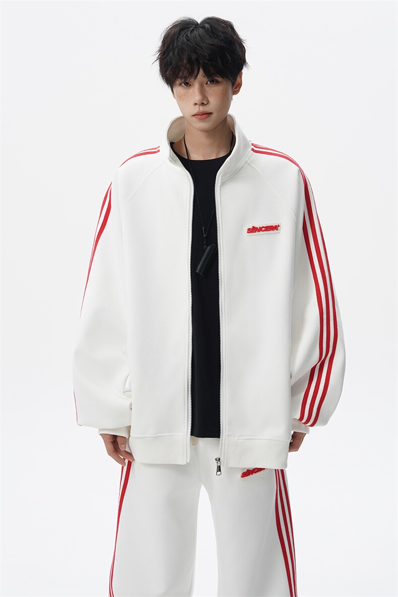 8XL-M条纹撞色开衫新年红卫衣运动套装潮牌运动服校园风TZ114P118,男装休闲套装,电商D206-1