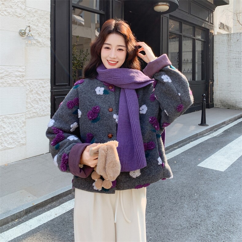 小香风毛呢羽绒服女2025年冬季新款独特漂亮立体花朵90白鸭绒外套,女装羽绒服,2C217