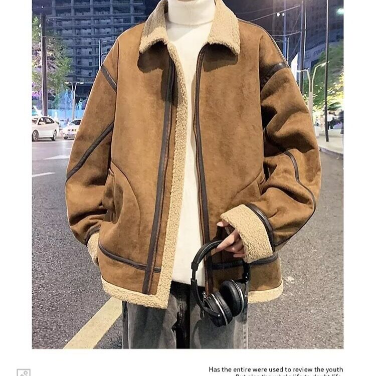 新款麂皮绒美式翻领夹克外套男士秋冬季加厚潮牌颗粒绒棉衣男图片
