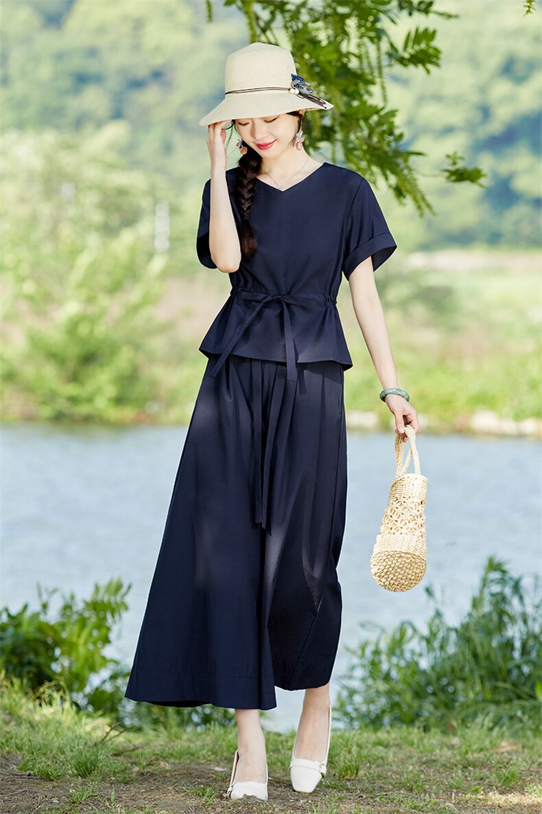 棉麻套装女夏季2025新款高端时尚洋气减龄显瘦亚麻阔腿裙裤两件套,女装套装/套裙,水衣源