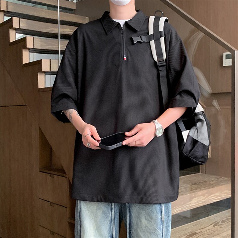 PL9053/P35冰丝短袖POLO衫男夏季宽松纯色上衣美式潮牌半拉链t恤，男装Polo衫，电商A141