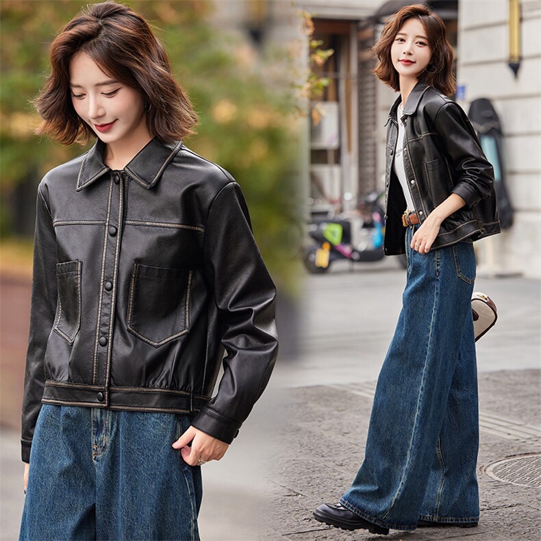 复古机车款皮衣女外套2024秋装新款小个子短款方领短款皮衣外套，女装皮衣，魅衣本色