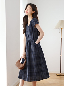 纯棉格子连衣裙女夏季2025新款大码宽松胖MM遮肚显瘦气质减龄裙子图片
