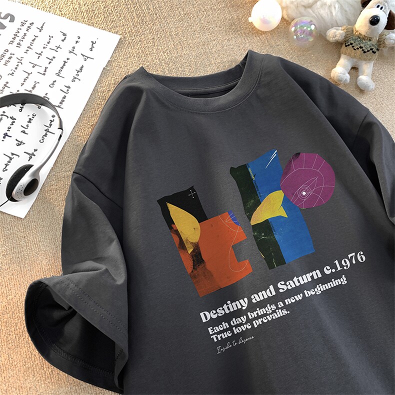 已做版权拼贴画设计感宽松落肩艺术风短袖纯棉高级感t恤T90-P28,男装T恤,星座205-5
