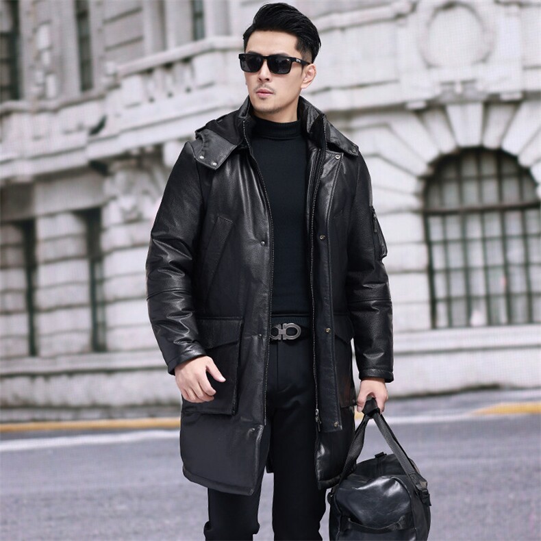 冬季新款羽绒服男中长款大衣头层牛皮可脱卸帽真皮皮衣大码外套潮，男装皮衣，电商B360A（原721A）