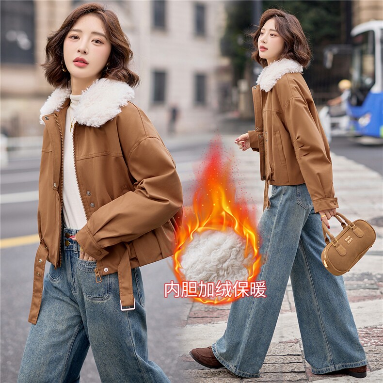 9117时尚加绒加厚派克服外套（毛领可脱卸）,女装派克服,依路服饰