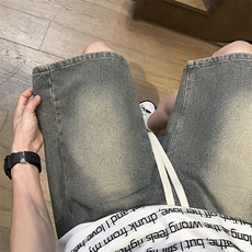 抽绳松紧裤腰牛仔短裤男美式复古百搭宽松直筒夏季休闲裤D3#-P40，男装牛仔裤，电商A178
