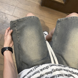 抽绳松紧裤腰牛仔短裤男美式复古百搭宽松直筒夏季休闲裤D3#-P40图片