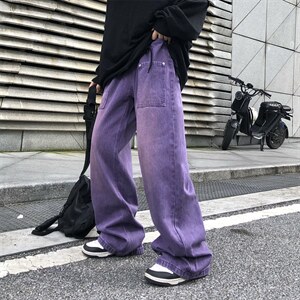 紫色牛仔裤男韩版潮流高街帅2022秋夏新款ins宽松休闲裤K2196-P48图片