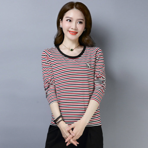 2026春装新款女式长袖条纹T恤圆领拼接撞色打底衫C136,女装T恤,板酷