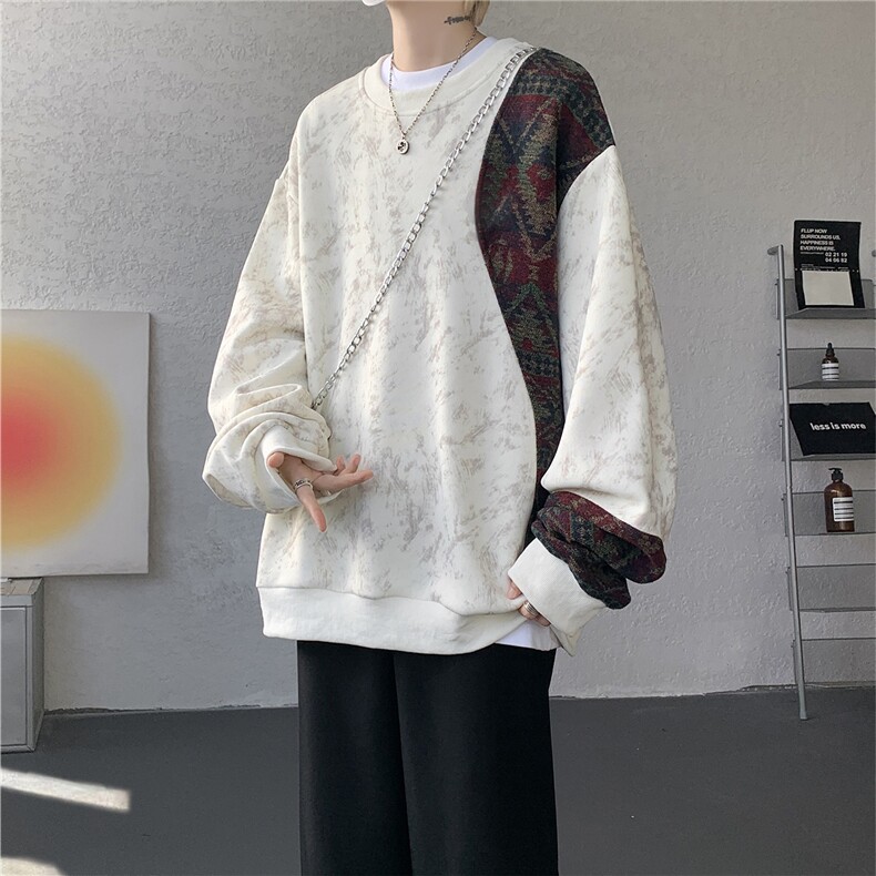 现货 WY10169-特P50新中式重磅圆领拼接长袖套头上衣大码卫衣外套图片