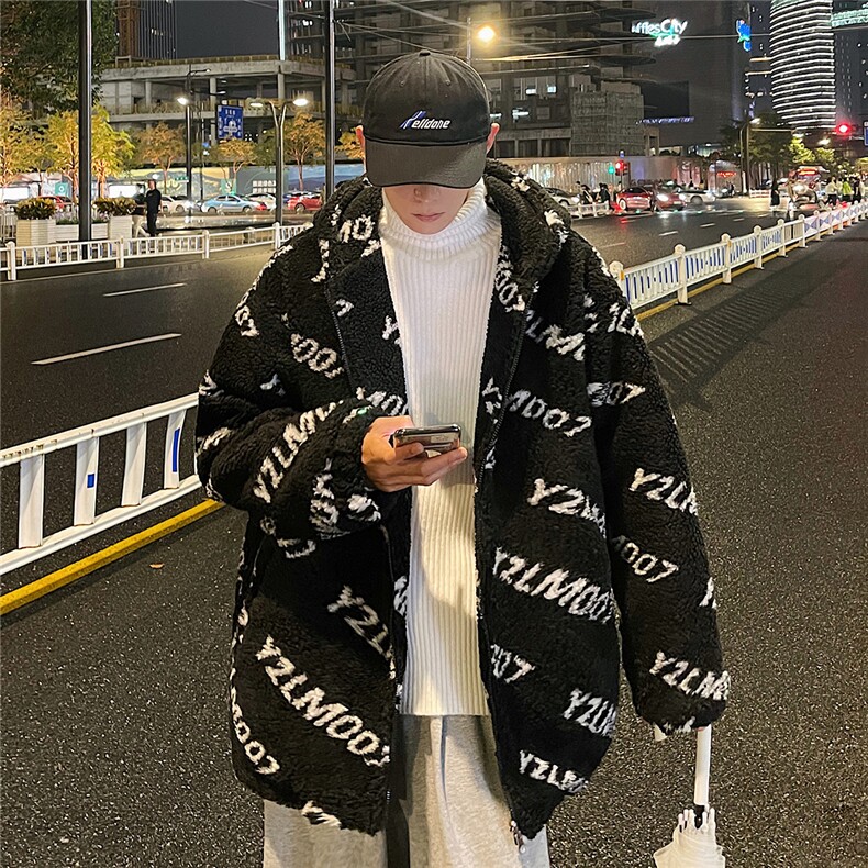 1港风定制LOGO羊羔毛棉衣大码M-5XL连帽棉衣外套男78710P105控148图片