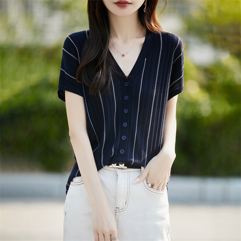 外搭V领莱赛尔天丝短袖开衫T恤女宽松撞色条纹针织休闲半袖上衣潮,女装T恤,暖烁羊绒