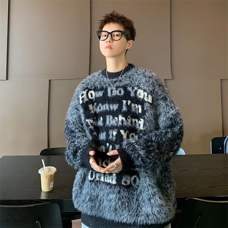 B441P68高街复古字母慵懒风毛绒保暖毛衣男秋冬季仿貂绒宽,男装针织衫/毛衣,星座512-6