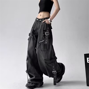 A18-P70 大码美式复古飘带工装牛仔裤女2025新款高街破洞宽松图片