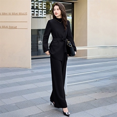 红职业套装女春秋新款时尚高端设计感方领西服阔腿裤两件套，女装套装/套裙，时尚俏佳人