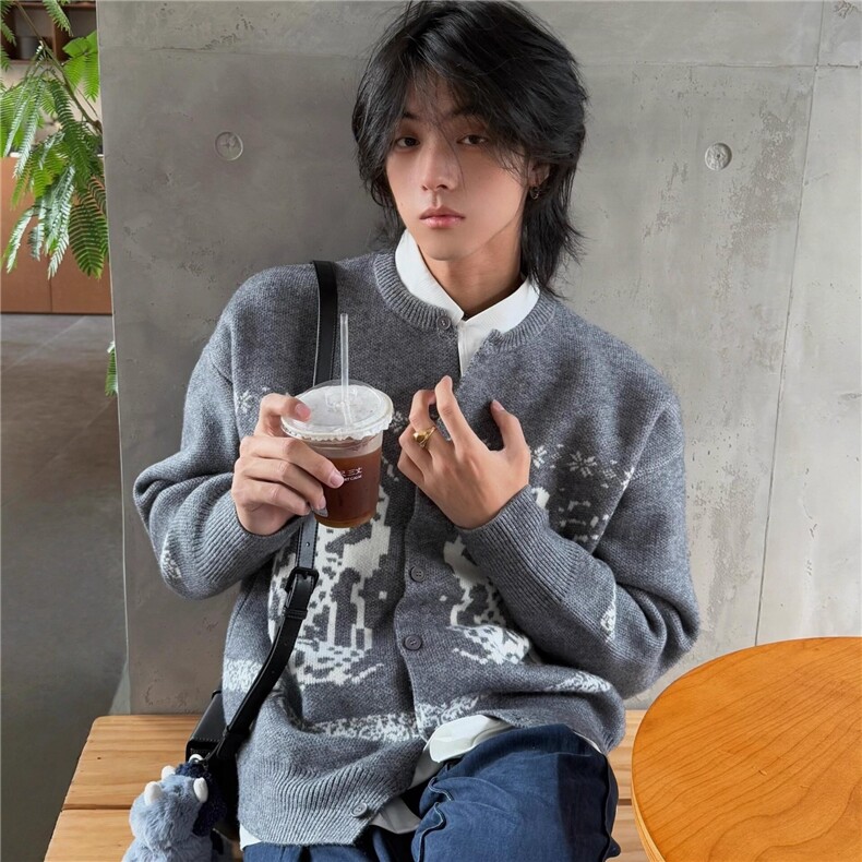 美式复古费尔岛立领开衫毛衣男女街头休闲毛衣秋冬季情侣外套潮牌,男装针织衫/毛衣,星座506A